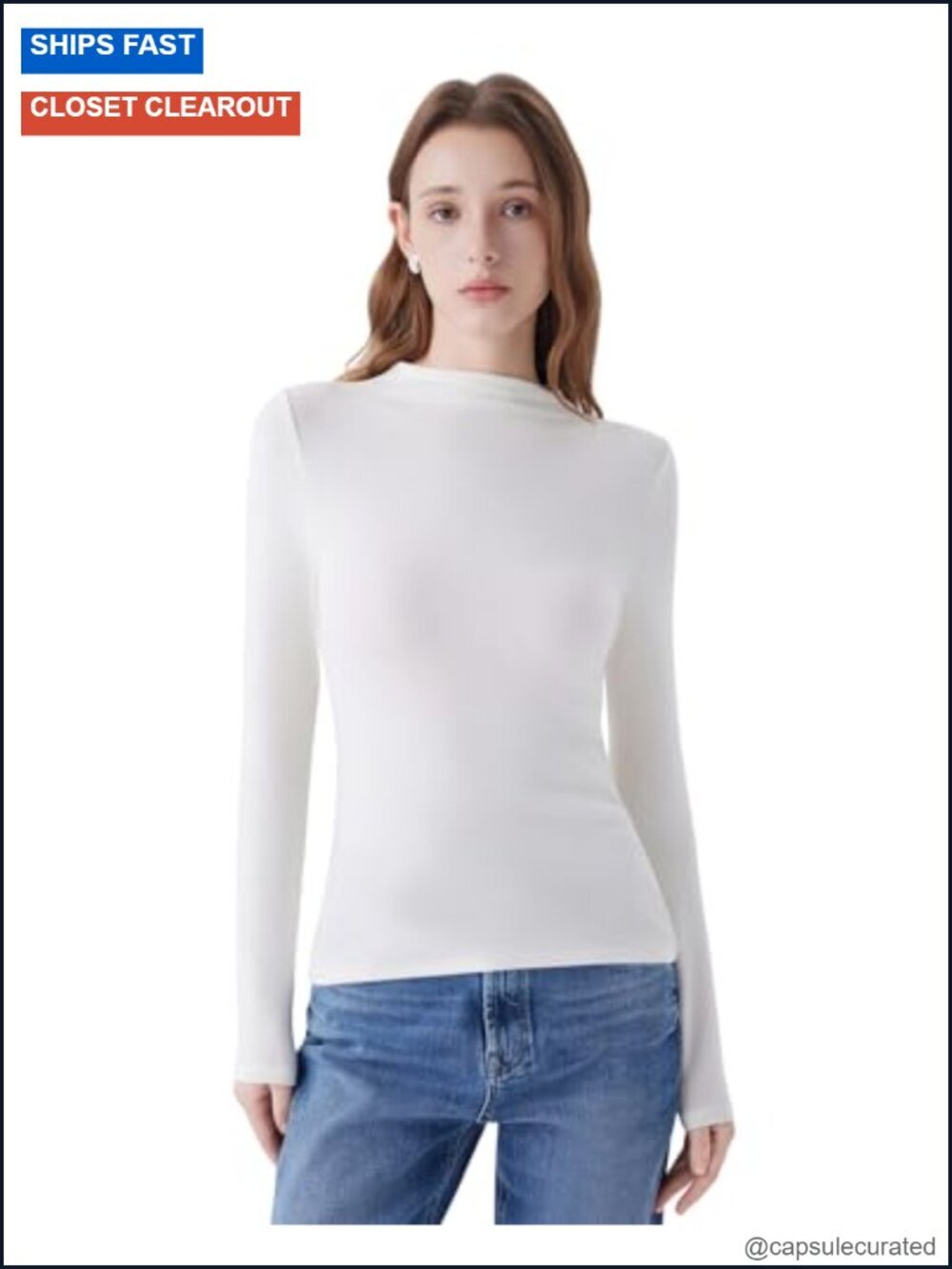 Mock Neck Fitted Long Sleeve Knit Top - Cashmere Modal Blend, Semi Sheer